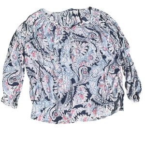 Chaps Women’s Flowy Blue Pink lightweight Paisley Smocked Blouse Puff sleeves 3X